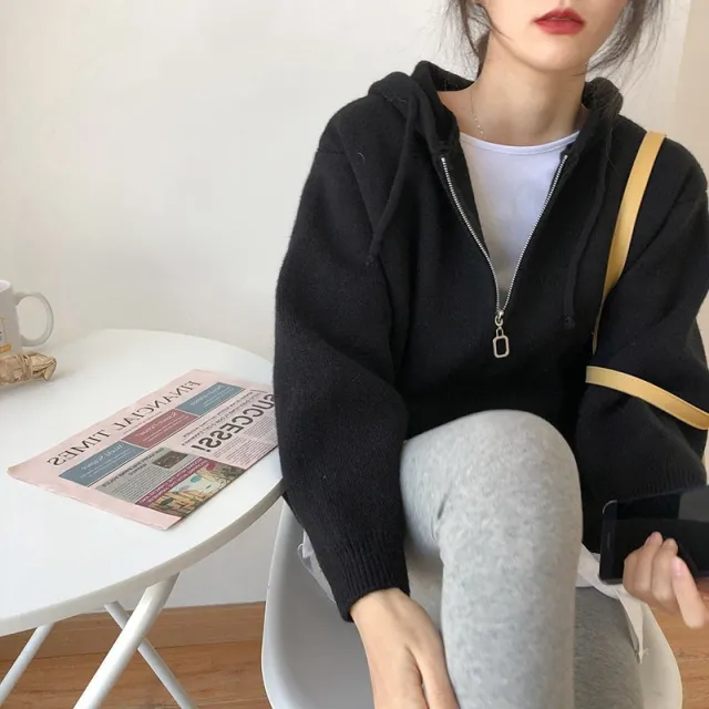 Elegant Hooded Knitted Coat Loose Sweater Short Black - Shop at LoveMi