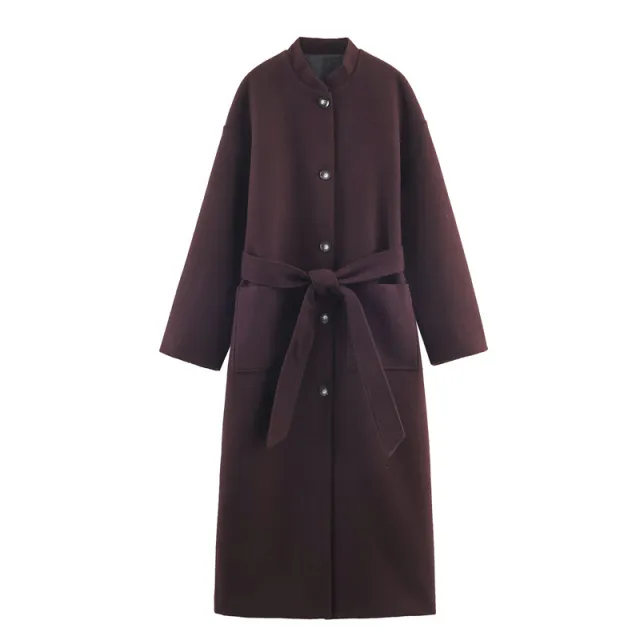 Long Belted Elegant Coat For Women Brown - Shop at LoveMi