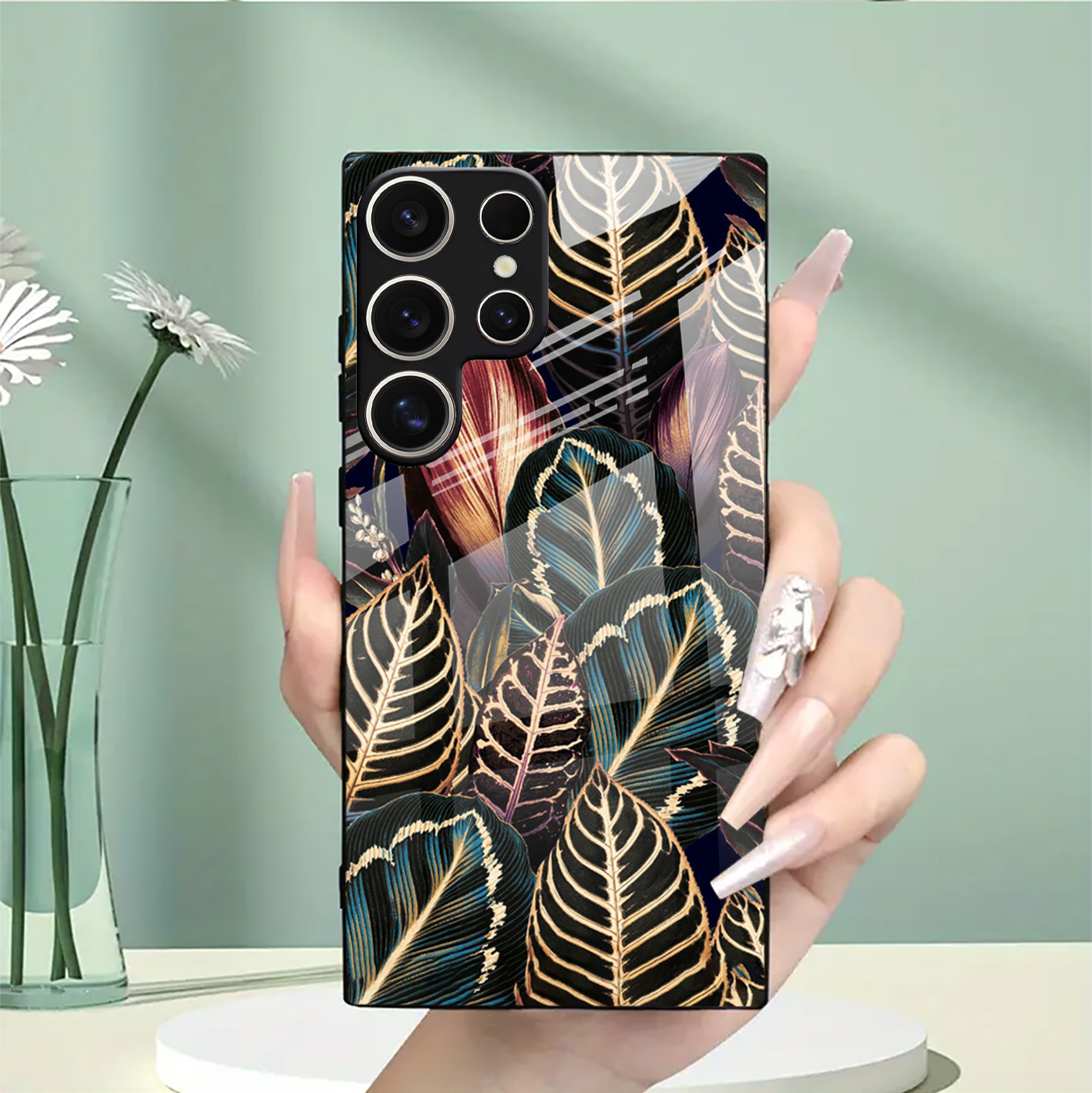 Glass Phone Case Golden Leaf Protective Cover