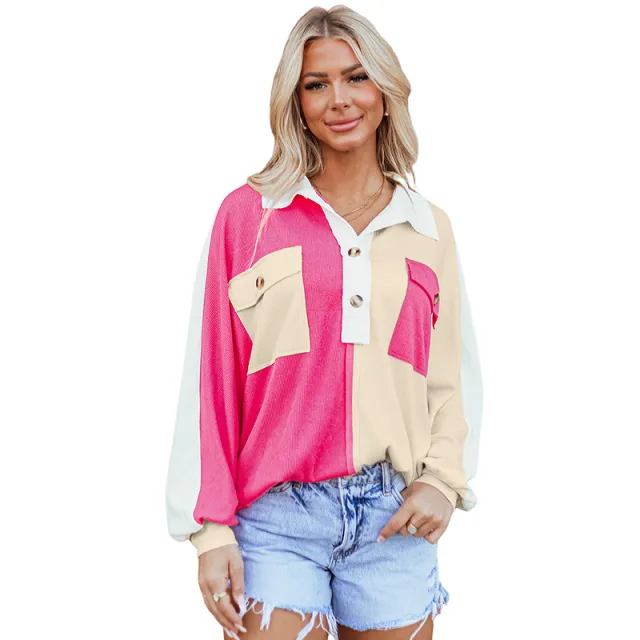 Lapel Long Sleeve Top Leisure Style Color Matching Thread Sweater P6 L - Shop at LoveMi