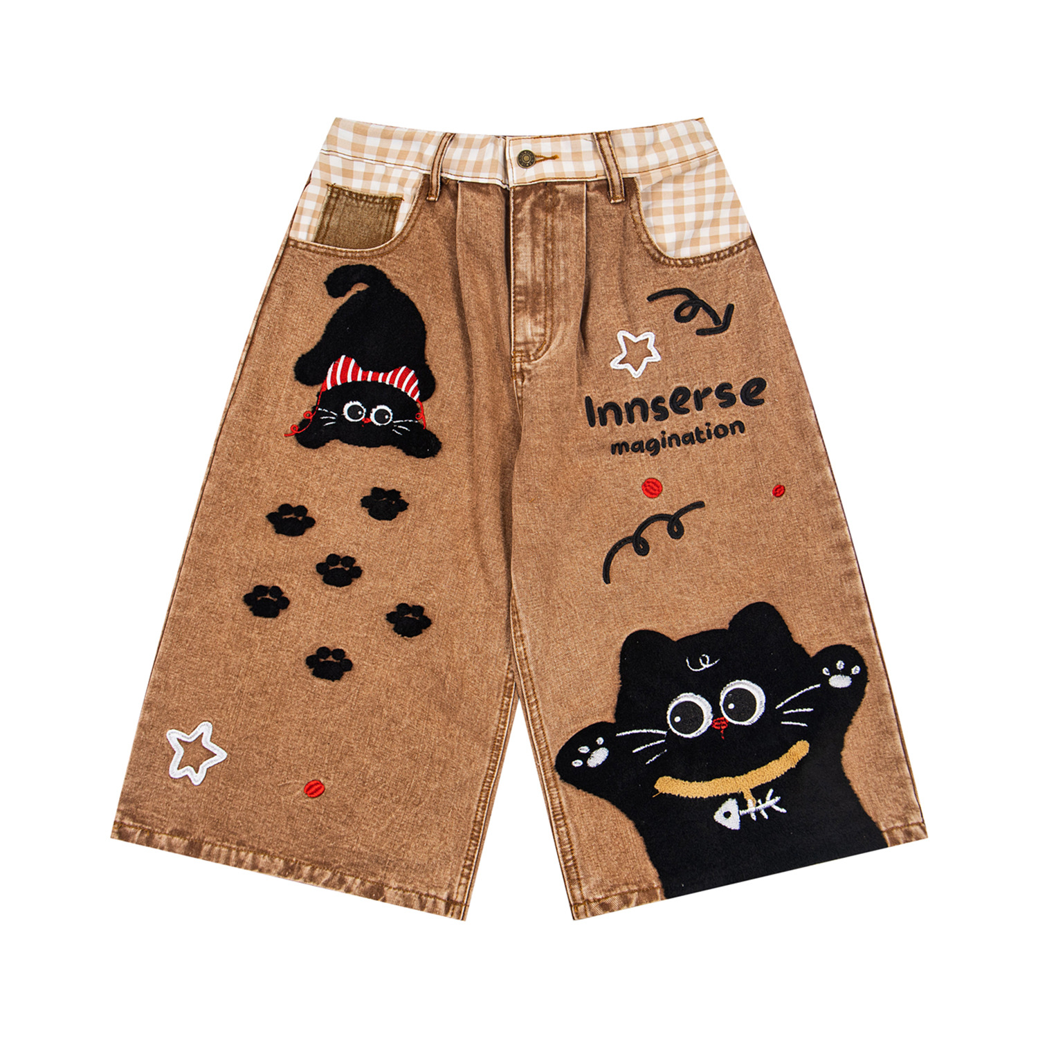 American-style Retro Black Cat Embroidered Denim Cropped Pants — image 1