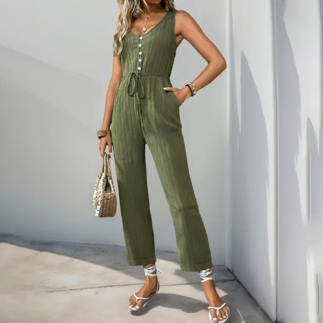 V neck Sleeveless Jumpsuit With Belt And Pockets Summer Fashion Beach Pants Women's Clothing Army Green - Shop at LoveMi