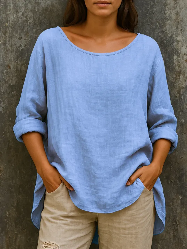 Casual Loose fit Fashionable Cotton linen Retro Crew neck Plus size T shirt Blue - Shop at LoveMi