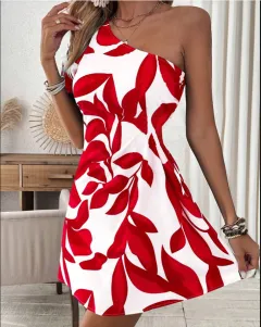 Elegant French-style White Floral-print Dress - Red - View 1