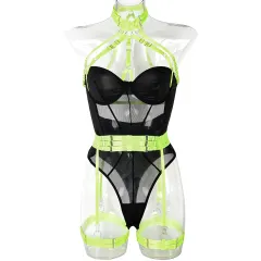Jumpsuit Mesh Strap Stitching Heavy Craft Neck Sling Leg Ring - Black With Fluorescent Green - View 1