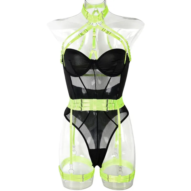 Jumpsuit Mesh Strap Stitching Heavy Craft Neck Sling Leg Ring Black With Fluorescent Green - Shop at LoveMi
