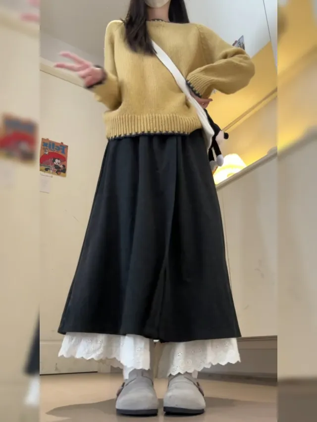 Women's Lace trimmed Wide leg Pants Black Gray Regular Version - Shop at LoveMi