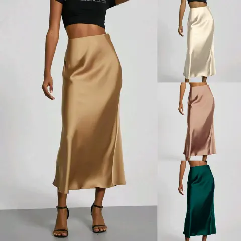 Women's Slim Fit Satin Skirt Fashion Chic Solid Long