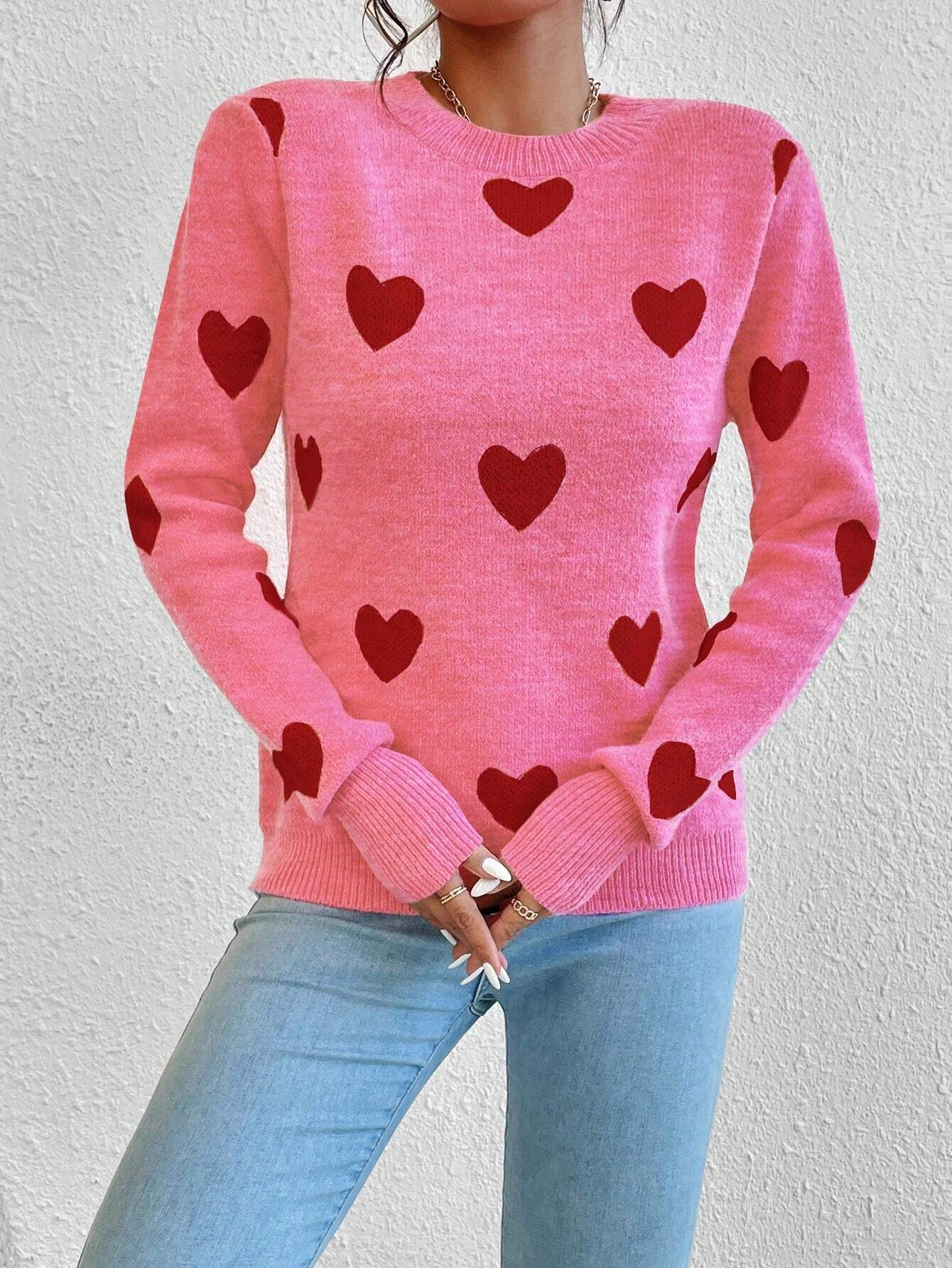 Title 7, Leisure Heart Jacquard Long Sleeve Crew Neck Pu...