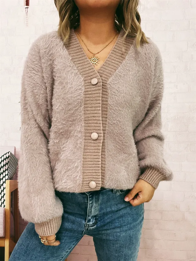 Leisure Commute V neck Solid Color Coat Sweater Khaki - Shop at LoveMi