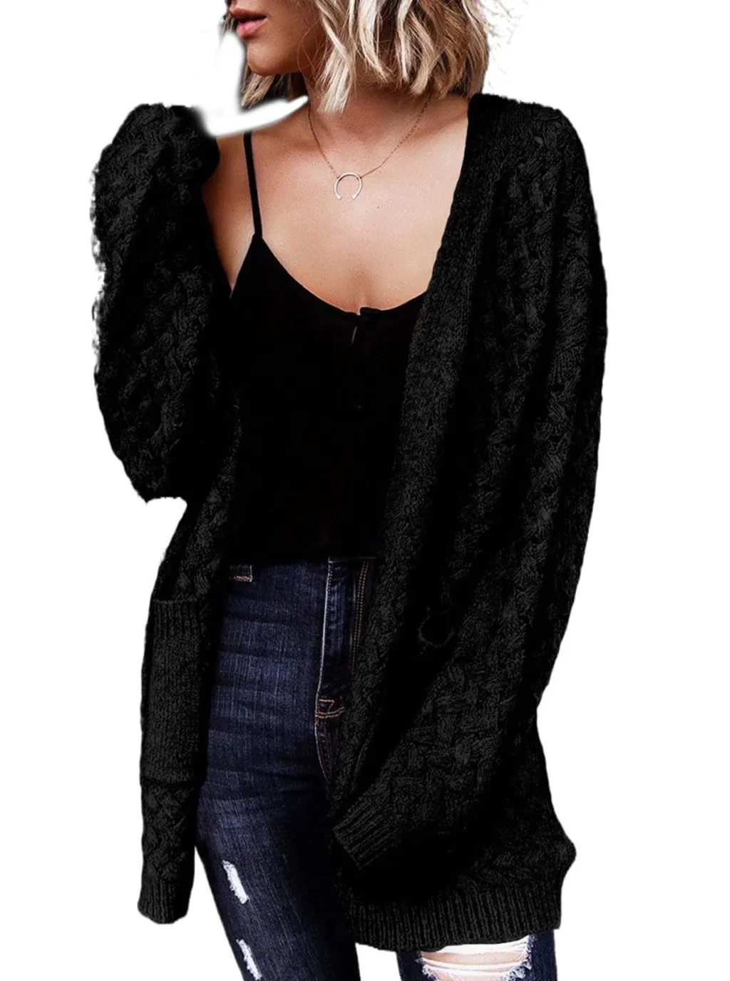 Knitted Cardigan Sweater Coat For Women - Black