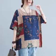 Ethnic Style Loose Round Neck Print Short Sleeve T-shirt - Navy Blue - View 1