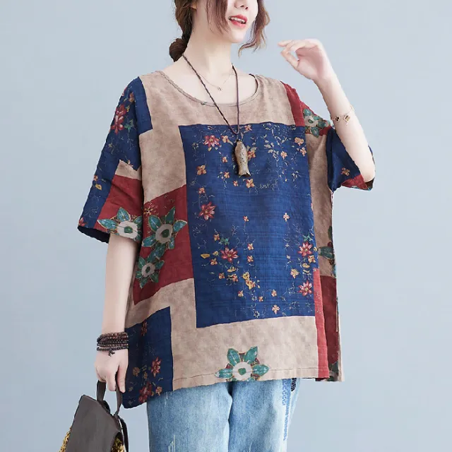 Ethnic Style Loose Round Neck Print Short Sleeve T shirt Blue - Shop at LoveMi
