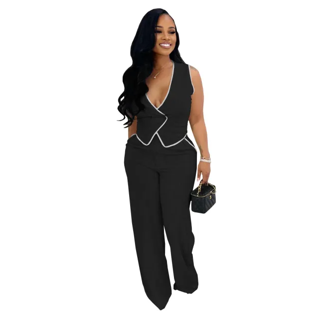 Casual V neck Button up Top And Pants Two piece Set Black - Shop at LoveMi