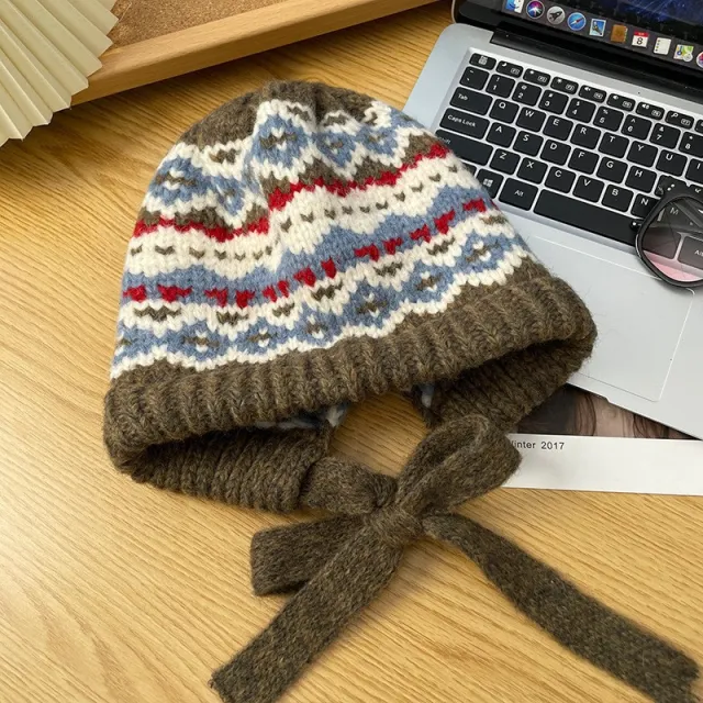 Winter Vintage Hat Bag Cap Warm Ear Protection Wool Hat Mocha Pattern - Shop at LoveMi