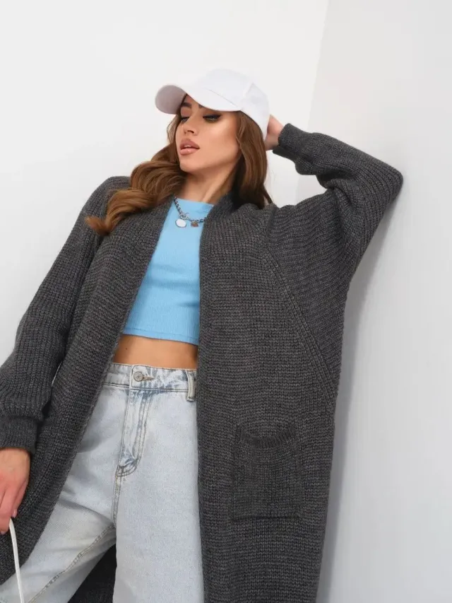 Women's Long Knitted Cardigan Buckle free Coat Dark Gray - Shop at LoveMi