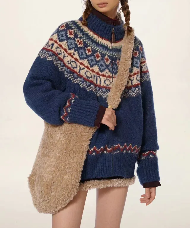 Vintage Sweater Women Autumn Thickening Turtleneck Knitting Cardigan College Coat Blue - Shop at LoveMi