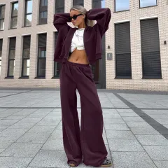 Fall Winter Fashion Coat And Trousers Two-piece Set - Dark Purple - View 1