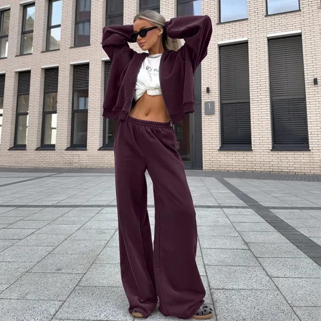 Fall Winter Fashion Coat And Trousers Two piece Set Dark Purple - Shop at LoveMi