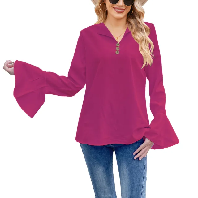Lotus Leaf Shirt Solid Color T shirt V neck Button Women's Top Rose - Shop at LoveMi