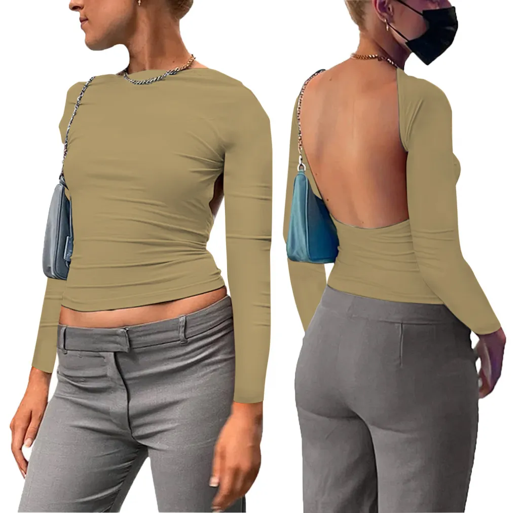 Long Sleeve Solid Color Reverse Female Small Top - Khaki