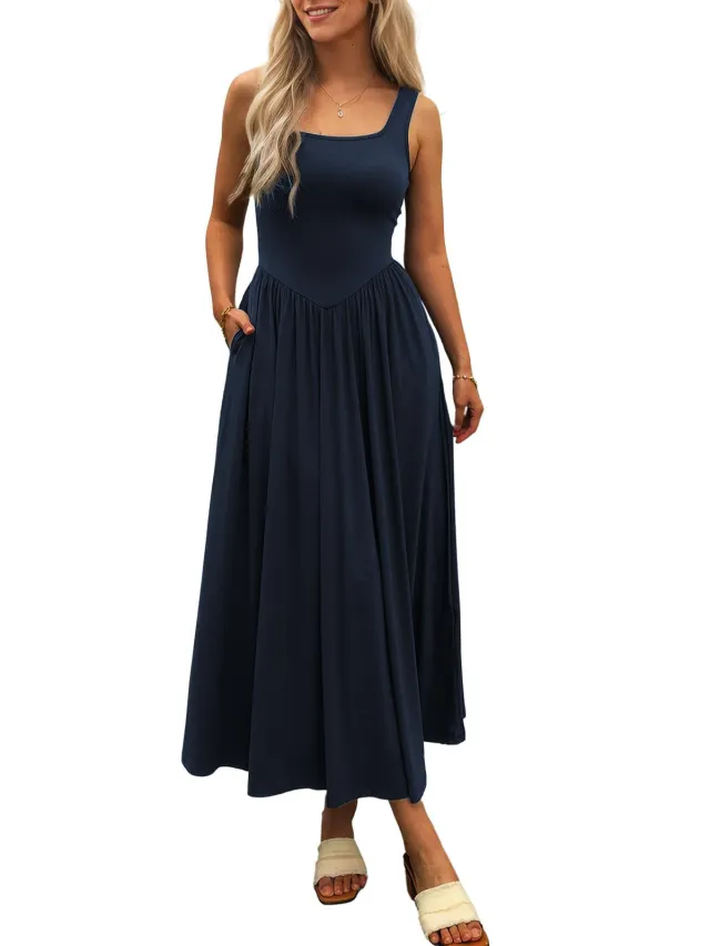 European And American New Graceful And Fashionable Sling Square Collar Pleated Dress Women Blue - Shop at LoveMi