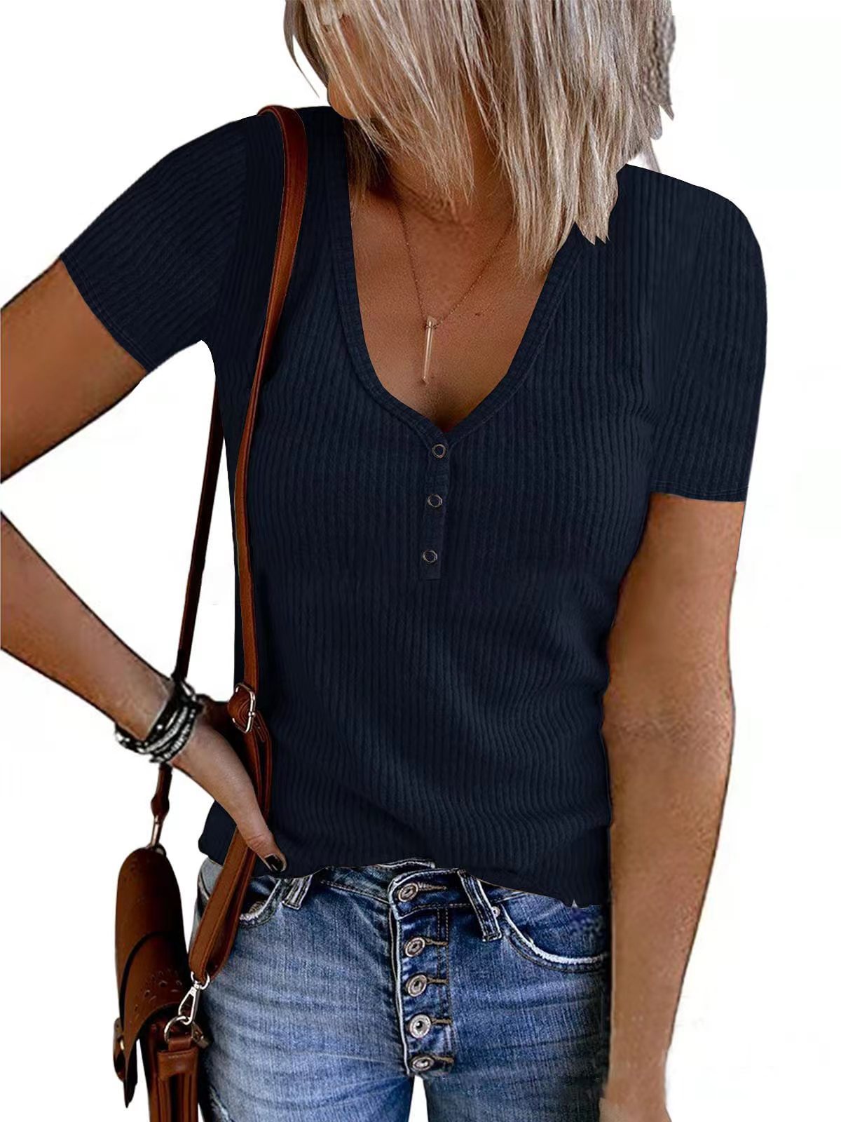 Summer New European And American Button Vest Solid Color And V-neck