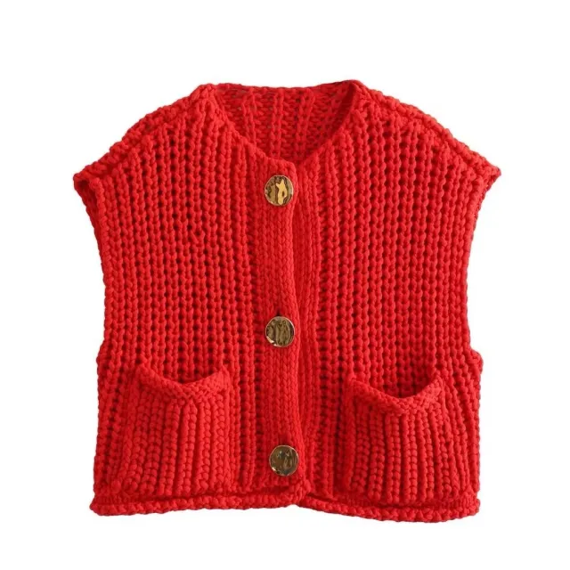 Women's Pocket Sleeveless Short Knitted Cardigan Vest Shirt Red - Shop at LoveMi