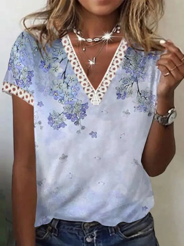 Women's V neck Lace Casual Top Short Sleeve Printed Stitching T shirt 4 Style - Shop at LoveMi