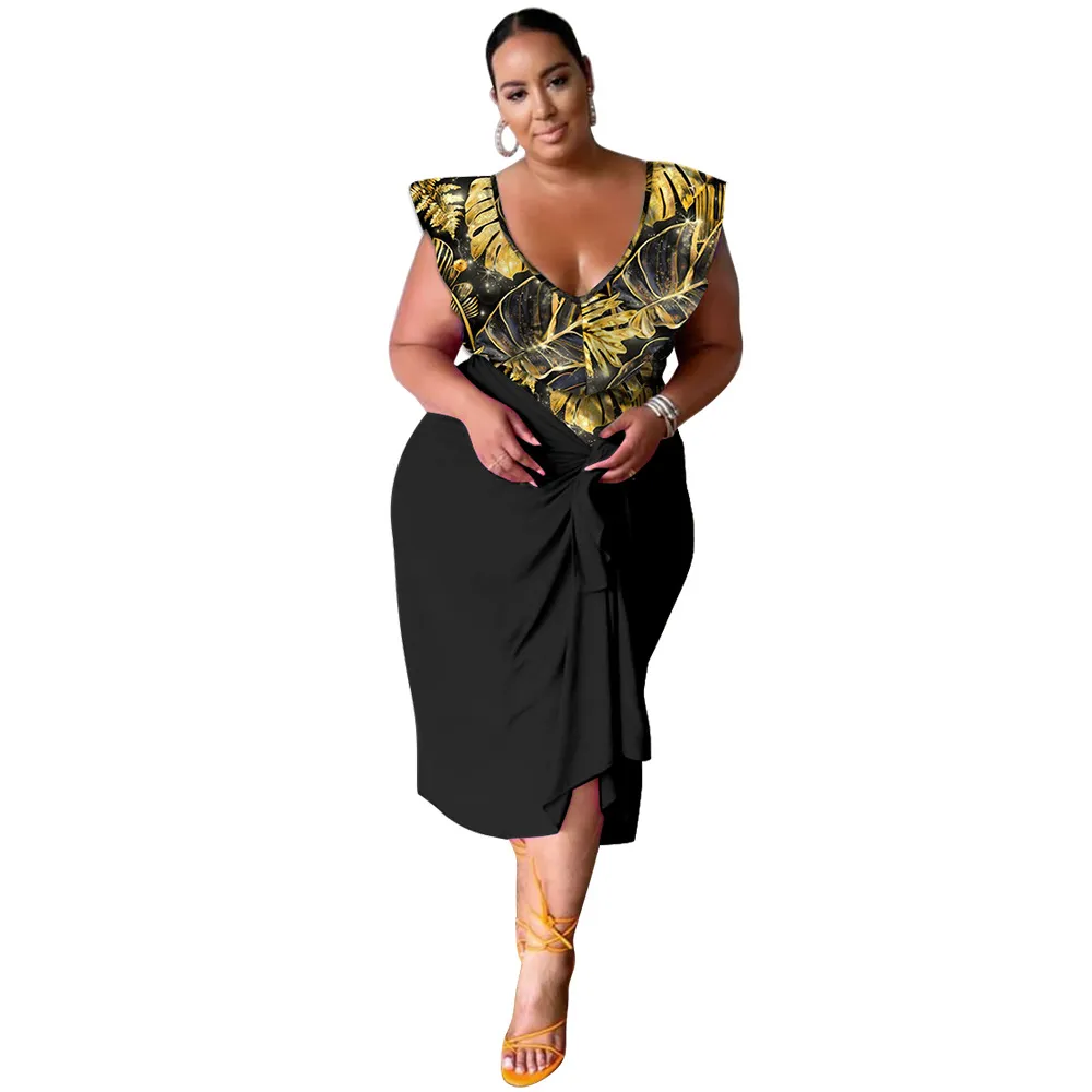 New Stylish Casual V-neck Printed Jumpsuit Printed Skirt Plus-size Two-piece Set - Gold