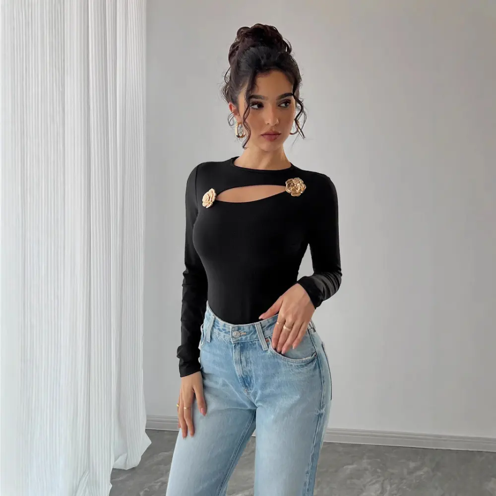 Women Hollow Rose Metal Decorative Black Tight Long Sleeve