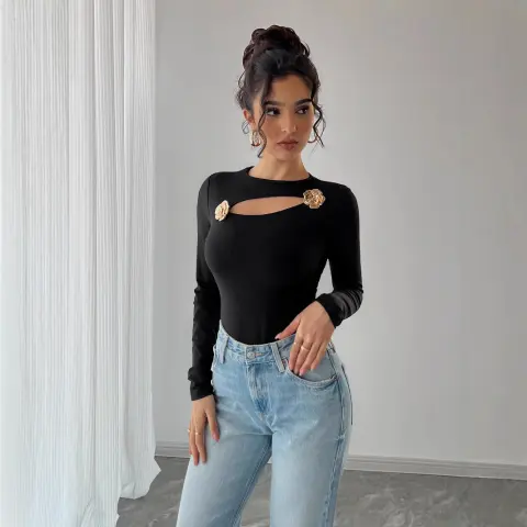 Women Hollow Rose Metal Decorative Black Tight Long Sleeve