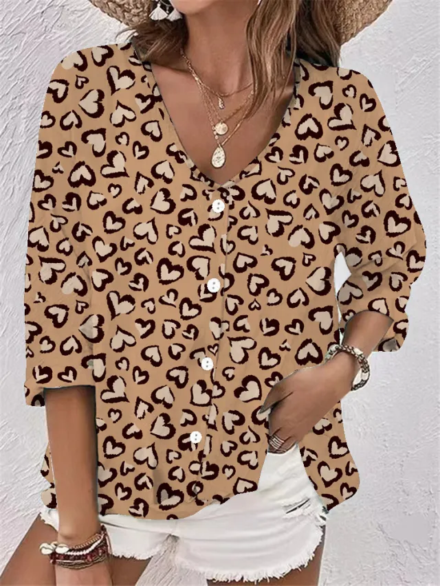 Women's V neck Button Chiffon Printed Cardigan Long Sleeved Shirt Apricot Love - Shop at LoveMi