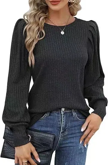Rib Fabric Round Neck Bubble Shoulder Long Sleeve T shirt Top Gray - Shop at LoveMi