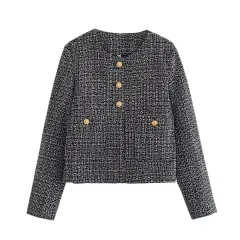 Solid Colour Texture Casual Classic Style Jacket Women - Grey - View 1