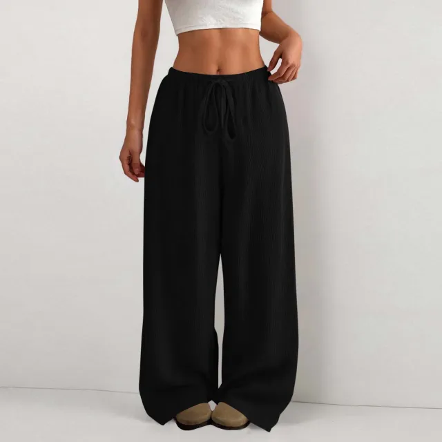 Women's Solid Color Loose Wrinkle Waist Drawstring Wide Leg Casual Trousers Black - Shop at LoveMi