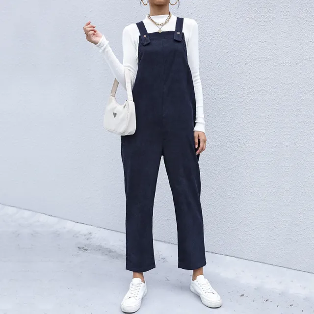 Women's Autumn Warm Corduroy Loose Solid Color Suspender Pants Dark Blue - Shop at LoveMi