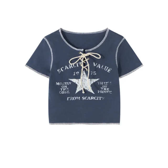 Top Strap American Retro Shoulder T shirt Royal Blue - Shop at LoveMi