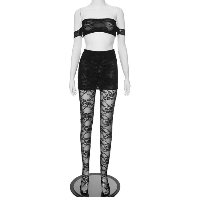 Lace Off shoulder Vest Top Fake Two piece Trousers Suit Black - Shop at LoveMi