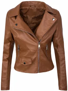 Women's Fall Winter Coat Slim PU Leather Short Zipper Leather Jacket Leather Coat - Brown - View 1