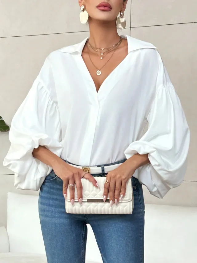 Niche Fashionable French Polka Dot Half open Collar Design Loose Bubble Long Sleeve Top White - Shop at LoveMi