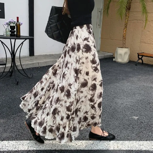 Elastic Waistband Slimming All match A Line Dress Mori Style White Background Black Rose - Shop at LoveMi