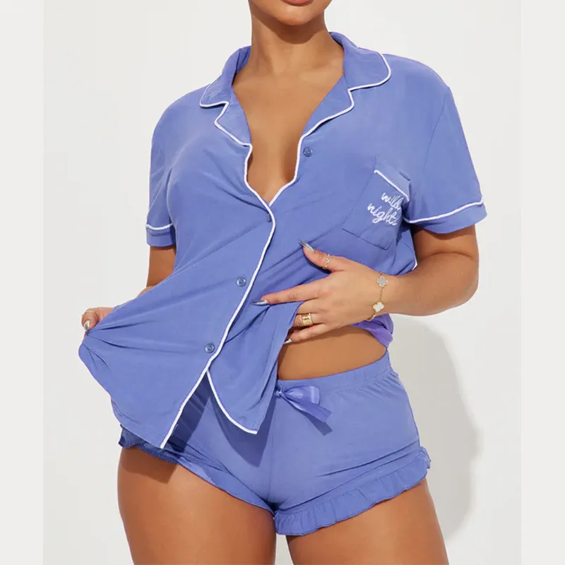 Women's Comfortable Pajamas Short-sleeved Pocket Letters - Sapphire Blue
