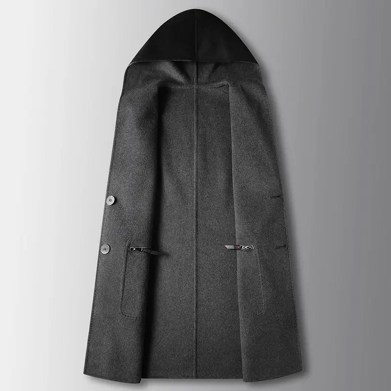 Mens Mid-Length Wool Coat With A Hood Reversible Style