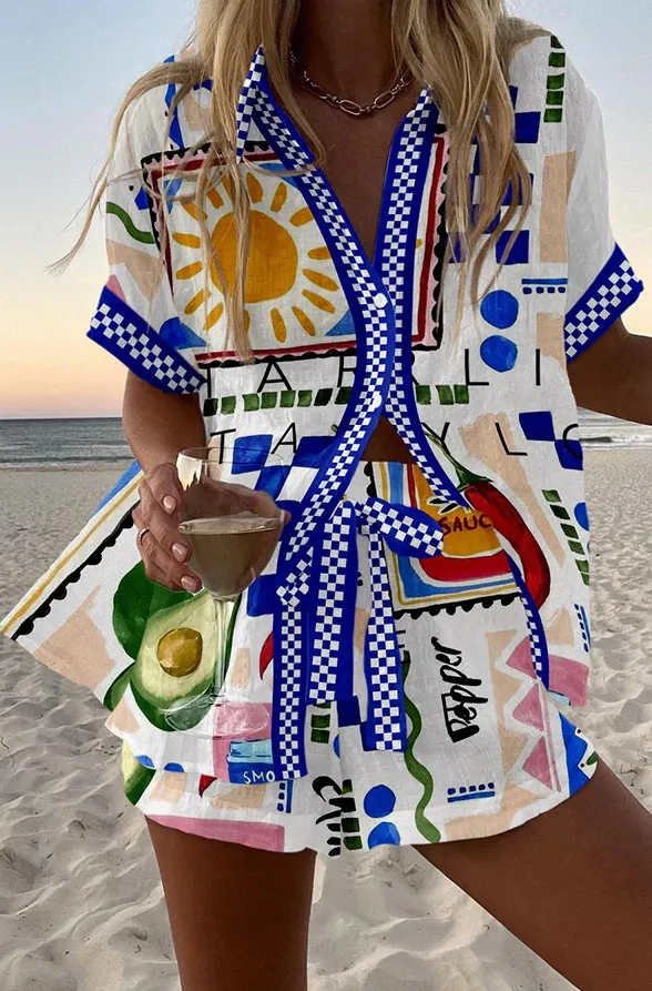 Women's Fashion Printed Casual Vacation Style Cardigan Shorts Suit Color04 - Shop at LoveMi