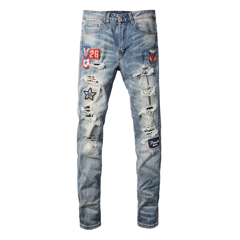 Title 5, Medal Printed Badge Ripped Jeans Men