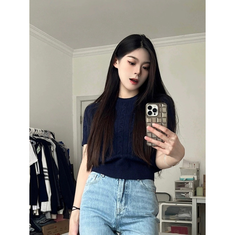 Retro Cable-Knit Crew-Neck Short-Sleeve Knit T-Shirt For Summer