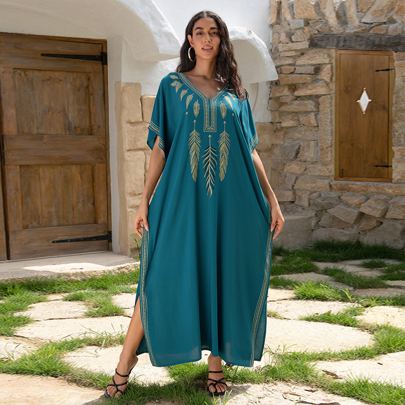 Embroidered Beach Cover up Loose Robe Swimsuit Sun Protection Shirt Dn0680 Hole Blue - Shop at LoveMi