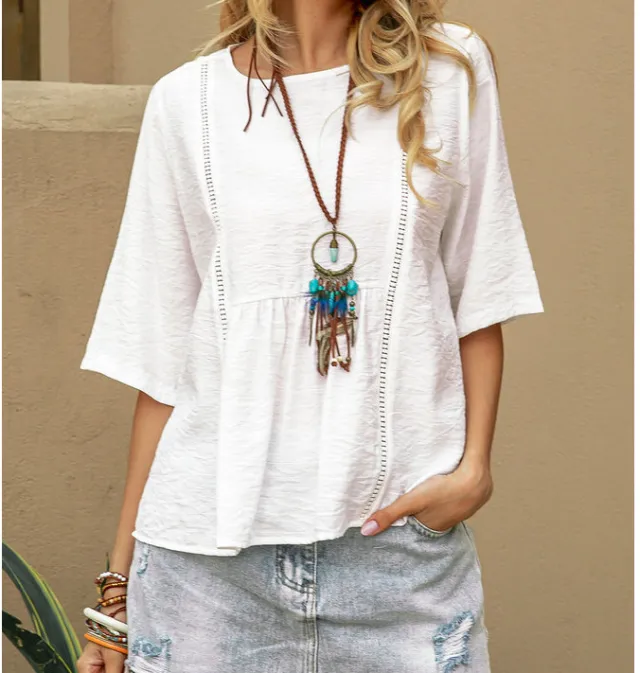 Hollow Out Womens Cotton Linen Casual Solid Color Three Quarter Sleeve Shirt White - Shop at LoveMi