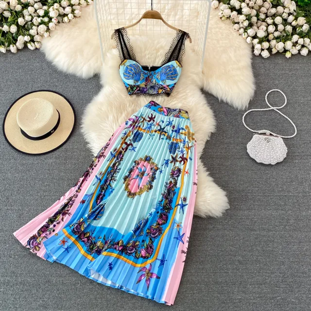 Women's Fashionable Elegant Lace Splicing Sling Top Two piece Set Blue - Shop at LoveMi